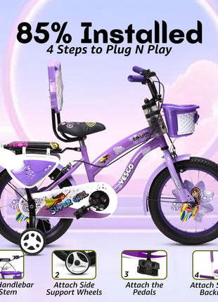 VESCO Super Girl 16T Cycle for Kids Girls with Balance Wheel & Back Carrier | Rigid Fork | Frame 11 Inch | Ideal for 4 to 6 Years Girls Kids Bike (Purple) 