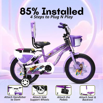 VESCO Super Girl 16T Cycle for Kids Girls with Balance Wheel & Back Carrier | Rigid Fork | Frame 11 Inch | Ideal for 4 to 6 Years Girls Kids Bike (Purple) 