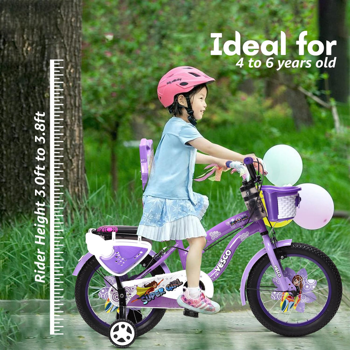VESCO Super Girl 16T Cycle for Kids Girls with Balance Wheel & Back Carrier | Rigid Fork | Frame 11 Inch | Ideal for 4 to 6 Years Girls Kids Bike (Purple) 
