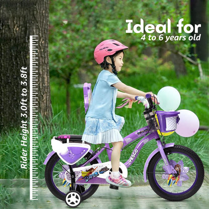 VESCO Super Girl 16T Cycle for Kids Girls with Balance Wheel & Back Carrier | Rigid Fork | Frame 11 Inch | Ideal for 4 to 6 Years Girls Kids Bike (Purple) 
