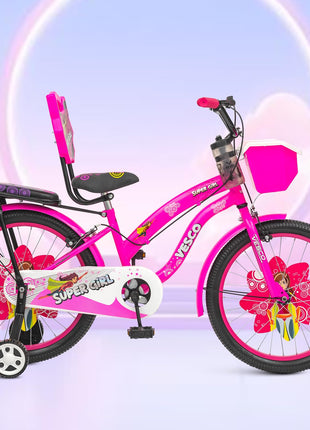 VESCO Super Girl 20T Cycle for Kids Girls with Balance Wheel & Back Carrier | Rigid Fork | Frame 12.5 Inch | Ideal for 6 to 9 Years Girls Kids Bike (Pink) 