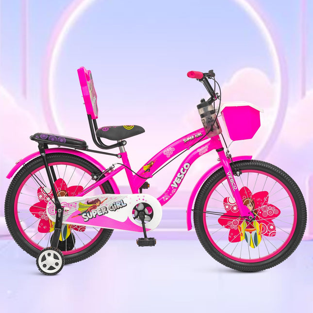 VESCO Super Girl 20T Cycle for Kids Girls with Balance Wheel & Back Carrier | Rigid Fork | Frame 12.5 Inch | Ideal for 6 to 9 Years Girls Kids Bike (Pink) 