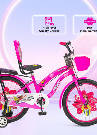 VESCO Super Girl 20T Cycle for Kids Girls with Balance Wheel & Back Carrier | Rigid Fork | Frame 12.5 Inch | Ideal for 6 to 9 Years Girls Kids Bike (Pink) 