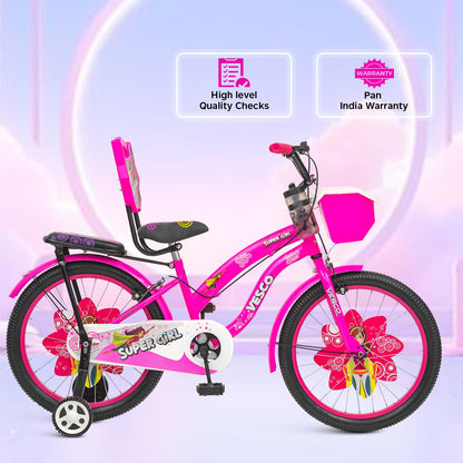 VESCO Super Girl 20T Cycle for Kids Girls with Balance Wheel & Back Carrier | Rigid Fork | Frame 12.5 Inch | Ideal for 6 to 9 Years Girls Kids Bike (Pink) 