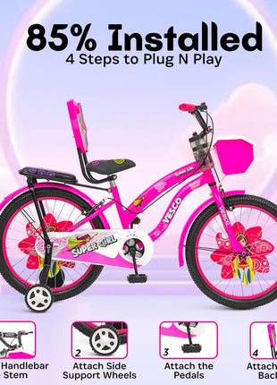 VESCO Super Girl 20T Cycle for Kids Girls with Balance Wheel & Back Carrier | Rigid Fork | Frame 12.5 Inch | Ideal for 6 to 9 Years Girls Kids Bike (Pink) 