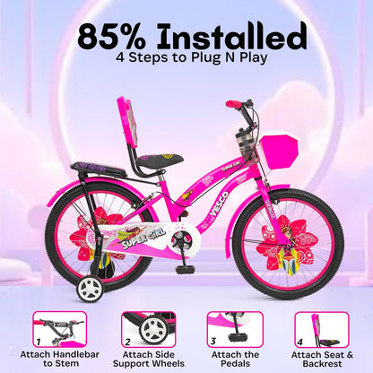 VESCO Super Girl 20T Cycle for Kids Girls with Balance Wheel & Back Carrier | Rigid Fork | Frame 12.5 Inch | Ideal for 6 to 9 Years Girls Kids Bike (Pink) 