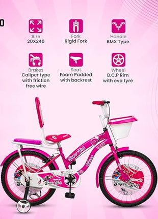 VESCO Super Girl 20T Cycle for Kids Girls with Balance Wheel & Back Carrier | Rigid Fork | Frame 12.5 Inch | Ideal for 6 to 9 Years Girls Kids Bike (Pink) 