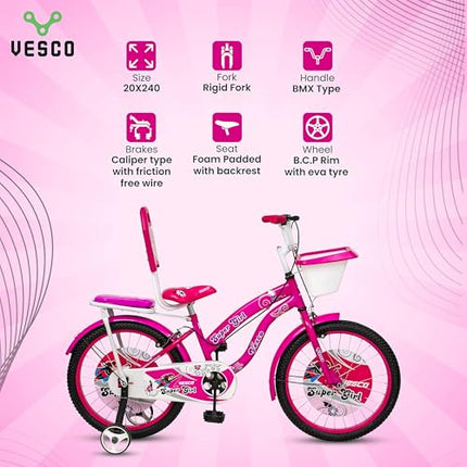 VESCO Super Girl 20T Cycle for Kids Girls with Balance Wheel & Back Carrier | Rigid Fork | Frame 12.5 Inch | Ideal for 6 to 9 Years Girls Kids Bike (Pink) 