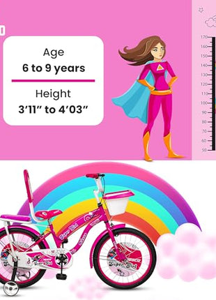 VESCO Super Girl 20T Cycle for Kids Girls with Balance Wheel & Back Carrier | Rigid Fork | Frame 12.5 Inch | Ideal for 6 to 9 Years Girls Kids Bike (Pink) 