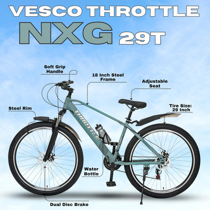 VESCO Throttle 29-T MTB 21 Speed Shimano Gear Cycle for Men | Dual Disc Brake | Front Suspension | Frame 18 Inch | Mountain Bike | Ideal for 17+ Years Adult Men & Women (Grey) 