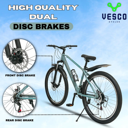 VESCO Throttle 29-T MTB 21 Speed Shimano Gear Cycle for Men | Dual Disc Brake | Front Suspension | Frame 18 Inch | Mountain Bike | Ideal for 17+ Years Adult Men & Women (Grey) 