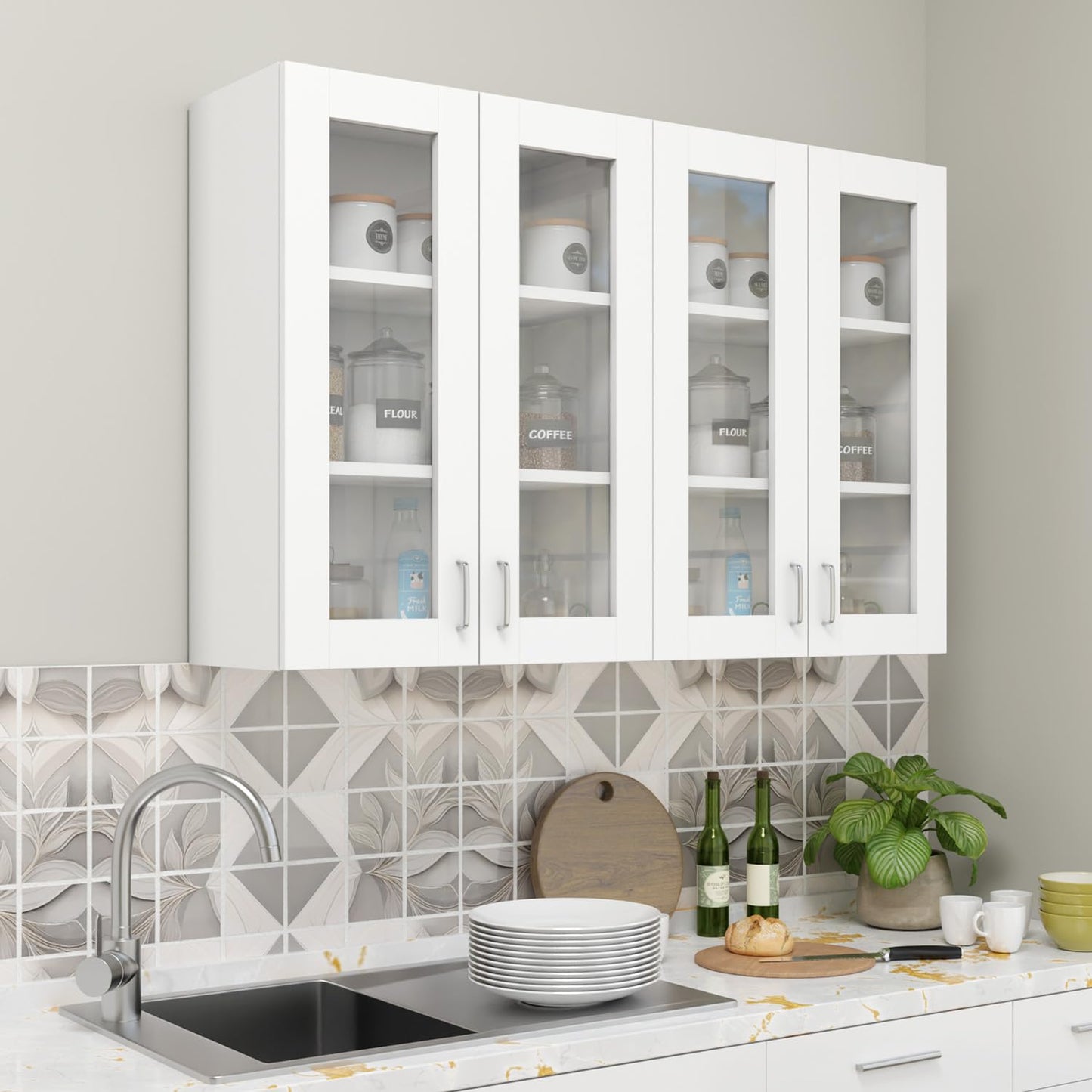 VIKI Furniture | Modular Kitchen Wall Cabinet – 4 Glass Door Cabinet | Space Saving Rack for Spices | DIY Home Storage Cupboard (Frosty White – 30D x 120W x 80H cm) | 1 Year Warranty 