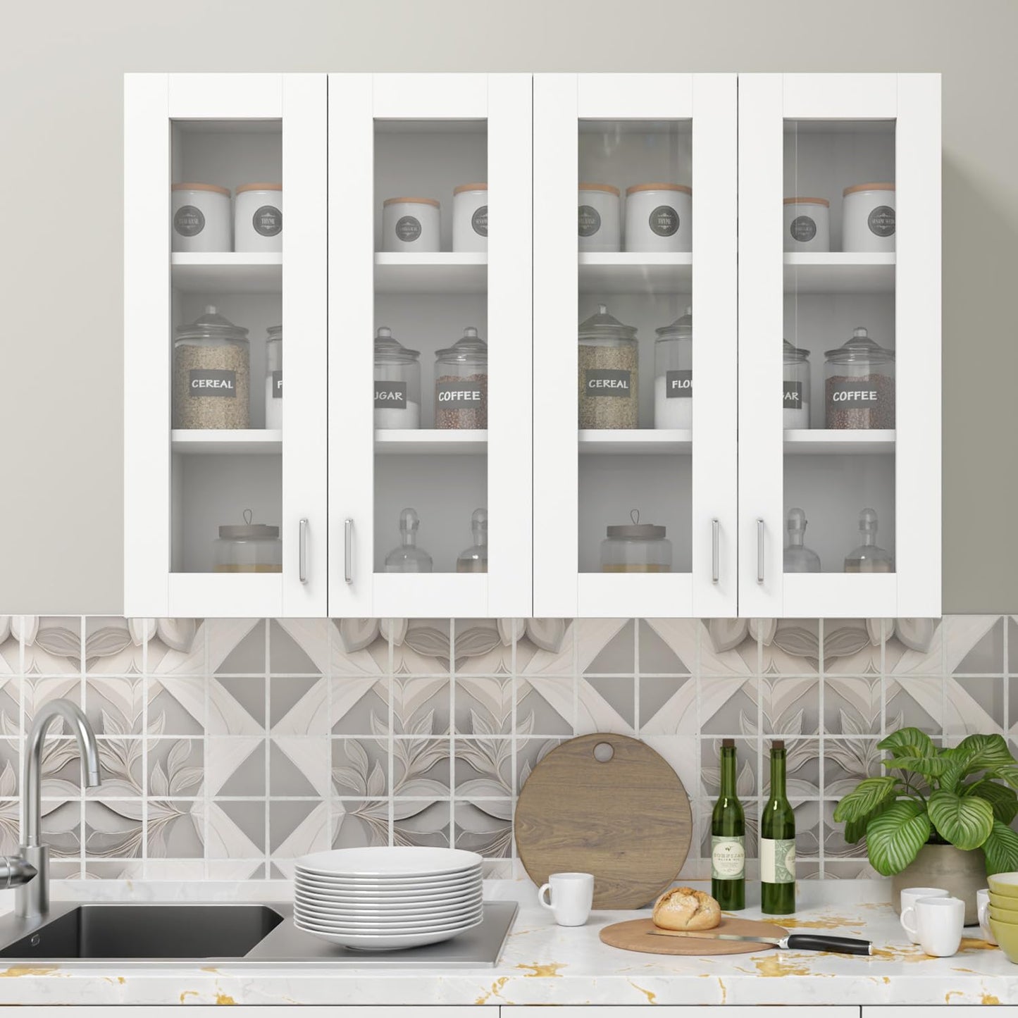 VIKI Furniture | Modular Kitchen Wall Cabinet – 4 Glass Door Cabinet | Space Saving Rack for Spices | DIY Home Storage Cupboard (Frosty White – 30D x 120W x 80H cm) | 1 Year Warranty 