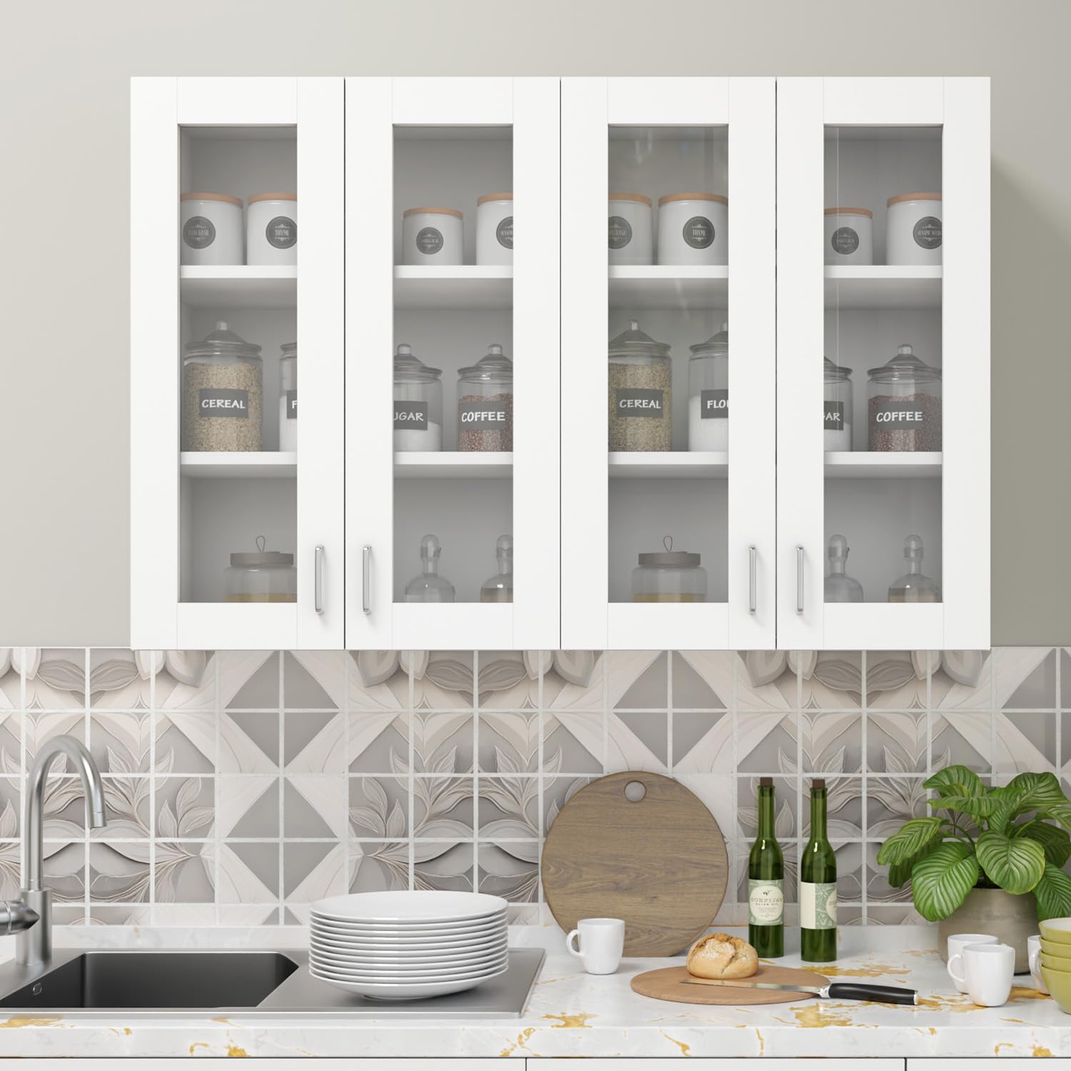 VIKI Furniture | Modular Kitchen Wall Cabinet – 4 Glass Door Cabinet | Space Saving Rack for Spices | DIY Home Storage Cupboard (Frosty White – 30D x 120W x 80H cm) | 1 Year Warranty 