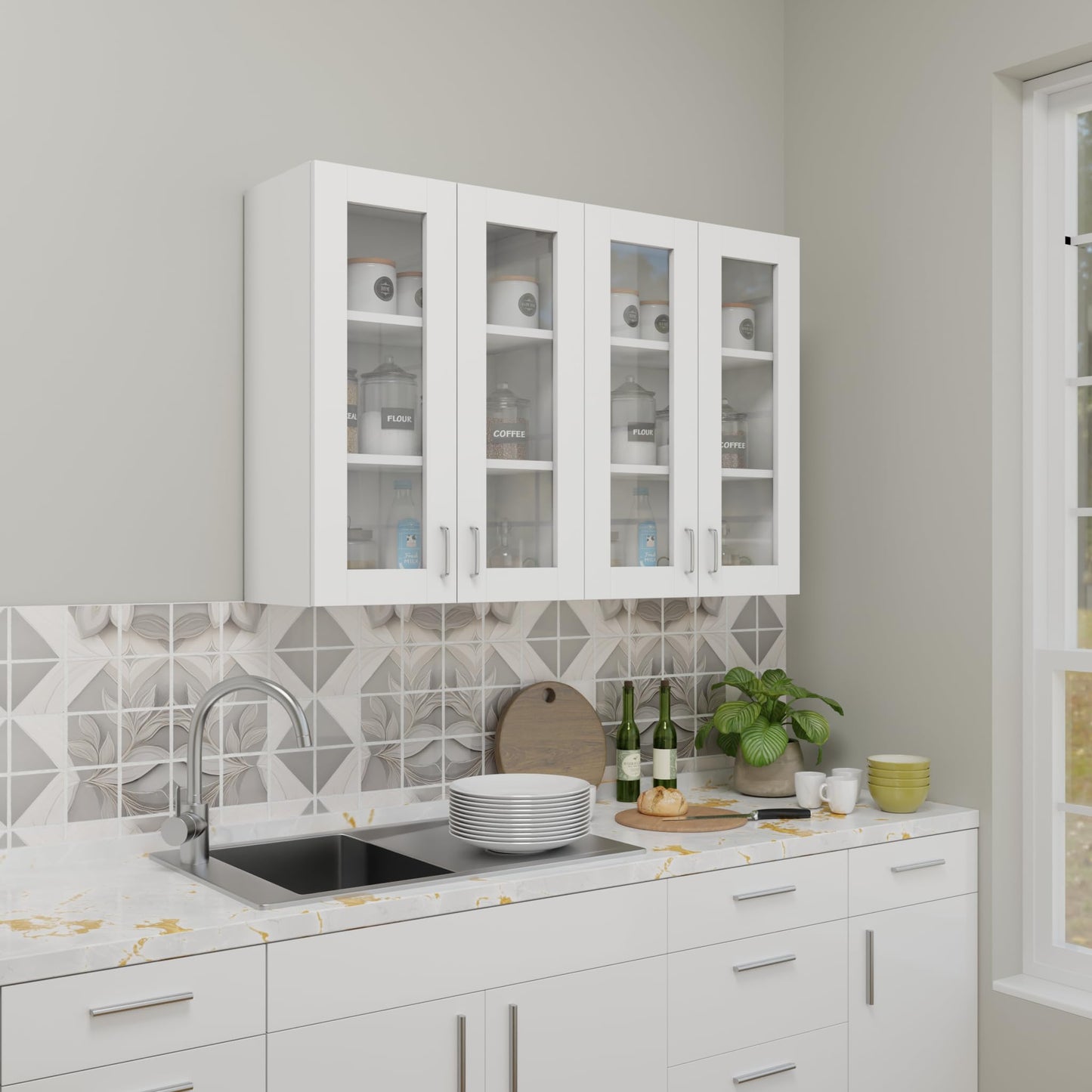 VIKI Furniture | Modular Kitchen Wall Cabinet – 4 Glass Door Cabinet | Space Saving Rack for Spices | DIY Home Storage Cupboard (Frosty White – 30D x 120W x 80H cm) | 1 Year Warranty 