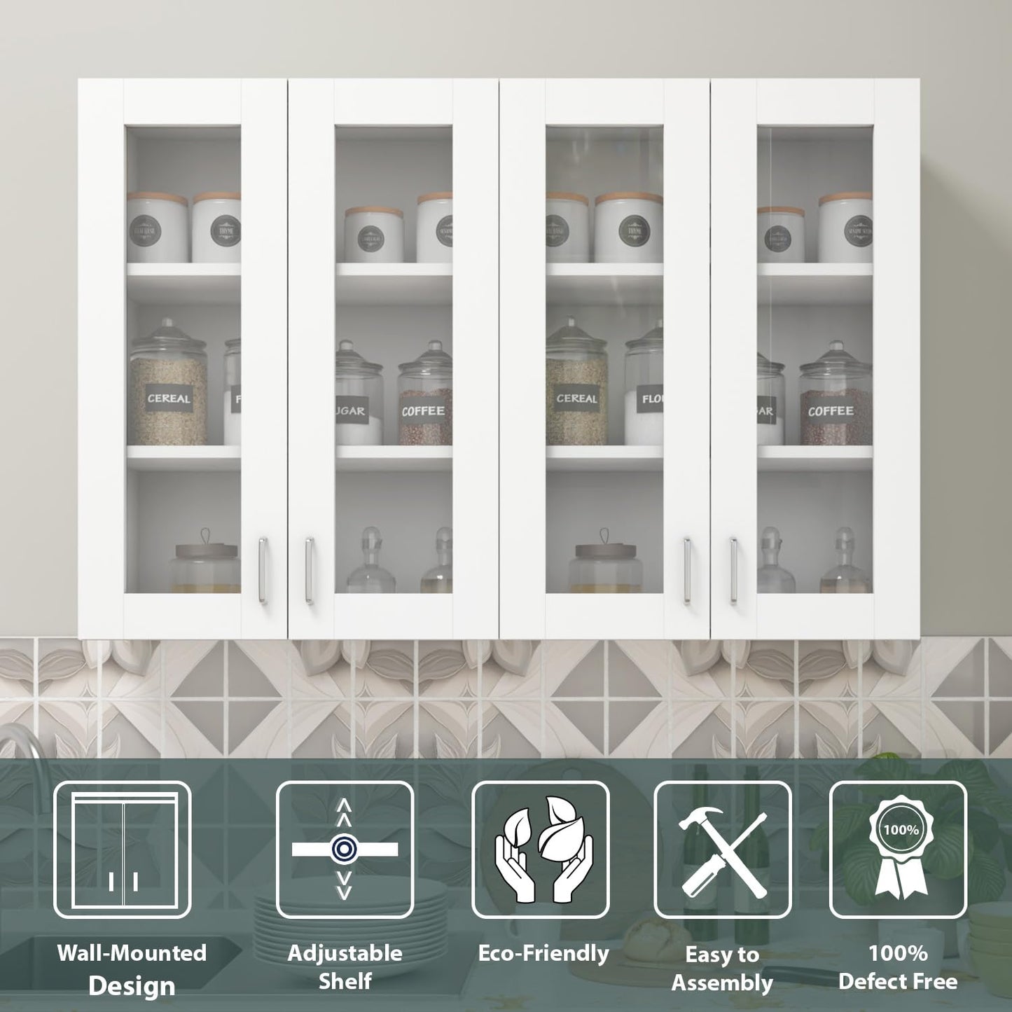 VIKI Furniture | Modular Kitchen Wall Cabinet – 4 Glass Door Cabinet | Space Saving Rack for Spices | DIY Home Storage Cupboard (Frosty White – 30D x 120W x 80H cm) | 1 Year Warranty 