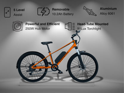 VIR BIKE V2 Unisex 29" Aluminium Alloy Electric Cycle, 13Ah Removable Battery, LCD Display, 7-Speed, 250W BLDC Motor (McLa Orange) (McLa Orange, 29, 10, Amp Hours) 