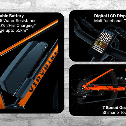 VIR BIKE V2 Unisex 29" Aluminium Alloy Electric Cycle, 13Ah Removable Battery, LCD Display, 7-Speed, 250W BLDC Motor (McLa Orange) (McLa Orange, 29, 10, Amp Hours) 