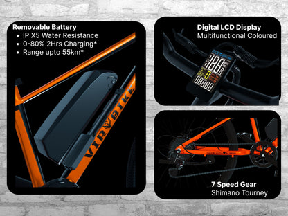 VIR BIKE V2 Unisex 29" Aluminium Alloy Electric Cycle, 13Ah Removable Battery, LCD Display, 7-Speed, 250W BLDC Motor (McLa Orange) (McLa Orange, 29, 10, Amp Hours) 