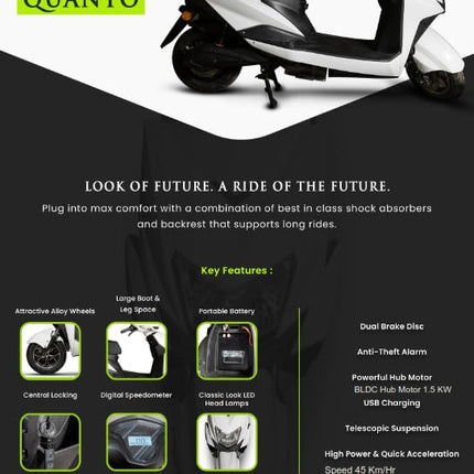 VIRALKA Birla E-Bike Quanto Electric Scooter Powered by Viralka | Top Speed 50Km/H | 110 KM range in one hour Charge | USB Charging | White 