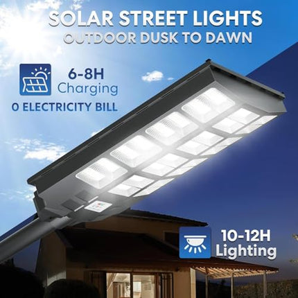 VOOJOY 4800W Solar Street Light, 2 Pack 480000 Lumens Dusk to Dawn Solar Flood Lights Outdoor Motion Sensor with Remote Control Arm Bracket for Parking Lot, Garage, Street 