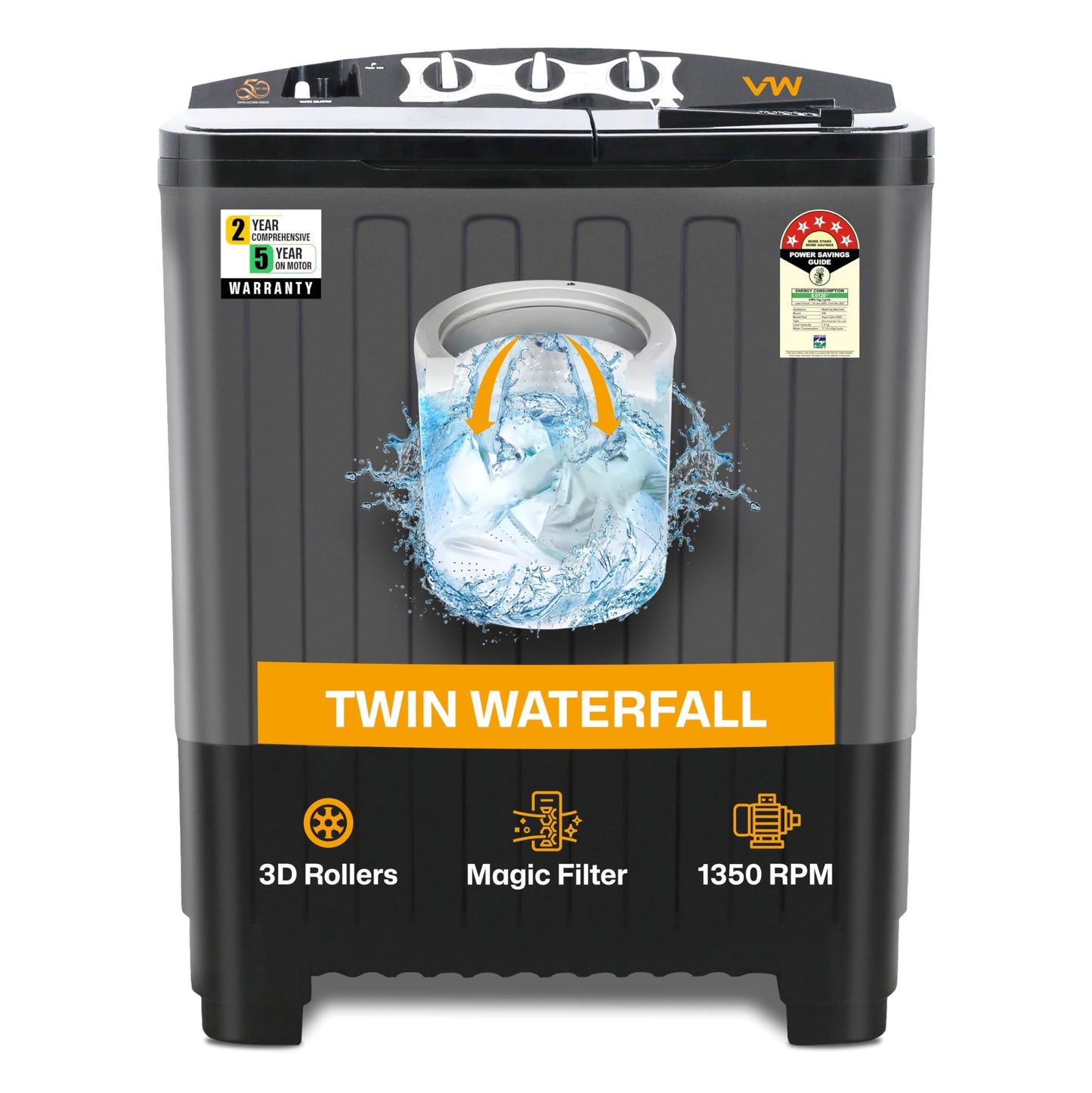 VW 7.5 kg 5 Star Aqua Spin Semi Automatic Top Load Washing Machine AquaSpin0075P (Black) 