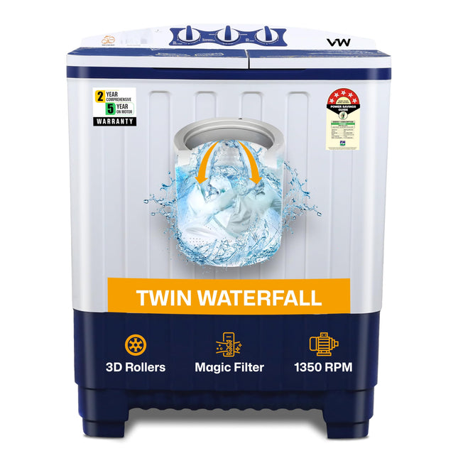 VW 7.5 kg 5 Star Pure Wash with Toughened Glass Semi Automatic Top Load Washing Machine PureWash0075G (White) 