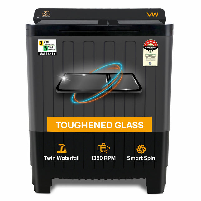 VW 8.5 kg 5 Star Storm Wash with Toughened Glass Semi Automatic Top Load Washing Machine StormWash0085G (Black) 