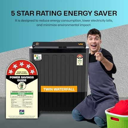 VW 8.5 kg 5 Star Storm Wash with Toughened Glass Semi Automatic Top Load Washing Machine StormWash0085G (Black) 