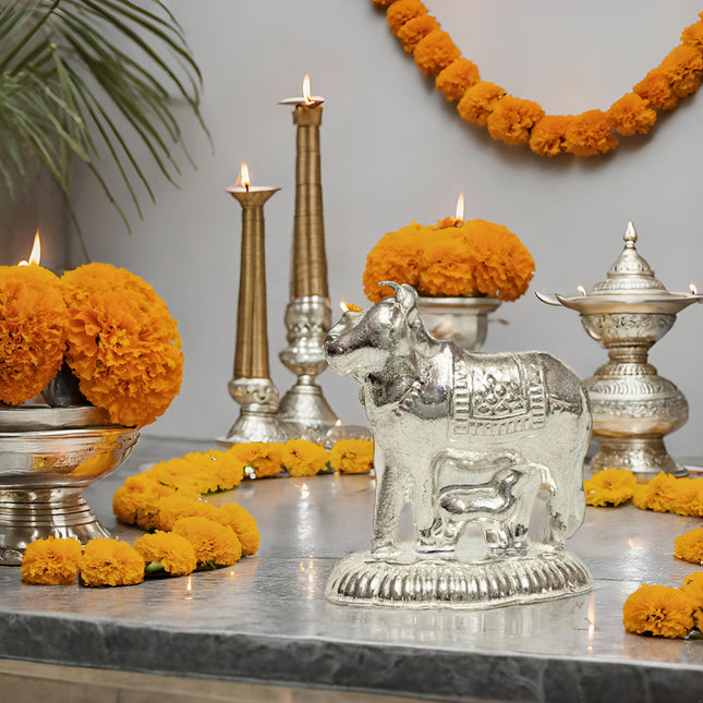 Vail Creation German Silver Kamdhenu Cow and Calf Idol Decoration for Pooja Room Gift Worship Office Home Decor Items | Silver Cow and Calf Statue 