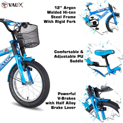 Vaux 2Cati 16T Cycle for Boys with Sidewheels, Basket & Backseat, Bicycle for Kids with Steel Frame, Alloy Rims & Tubular Tyres, Cycle for Kids 4 to 6 Years with Ideal Height 3.3ft to 3.9ft(Blue) 