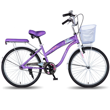 Vaux Angel 24T Women Bicycle for Age Group 10+ Years with Basket & Cushion Backseat, Light-Weight Ladies Cycle with Alloy Rims & V-Brakes, Ideal for Height 4ft+ (Purple-White) 