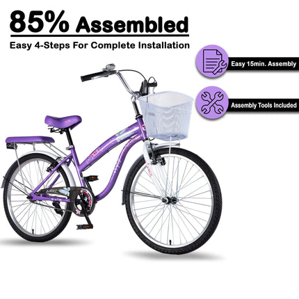 Vaux Angel 24T Women Bicycle for Age Group 10+ Years with Basket & Cushion Backseat, Light-Weight Ladies Cycle with Alloy Rims & V-Brakes, Ideal for Height 4ft+ (Purple-White) 