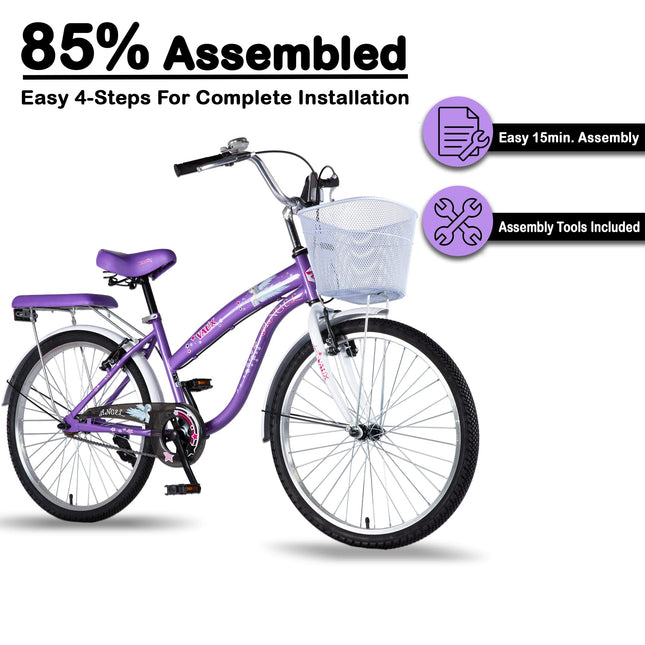 Vaux Angel 24T Women Bicycle for Age Group 10+ Years with Basket & Cushion Backseat, Light-Weight Ladies Cycle with Alloy Rims & V-Brakes, Ideal for Height 4ft+ (Purple-White) 