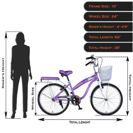Vaux Angel 24T Women Bicycle for Age Group 10+ Years with Basket & Cushion Backseat, Light-Weight Ladies Cycle with Alloy Rims & V-Brakes, Ideal for Height 4ft+ (Purple-White) 