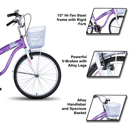 Vaux Angel 24T Women Bicycle for Age Group 10+ Years with Basket & Cushion Backseat, Light-Weight Ladies Cycle with Alloy Rims & V-Brakes, Ideal for Height 4ft+ (Purple-White) 