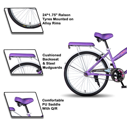 Vaux Angel 24T Women Bicycle for Age Group 10+ Years with Basket & Cushion Backseat, Light-Weight Ladies Cycle with Alloy Rims & V-Brakes, Ideal for Height 4ft+ (Purple-White) 