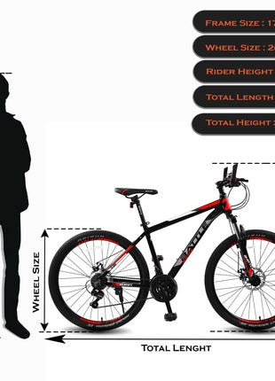 Vaux Battle 518 26T Gear Cycle for Men with 17" Alloy Frame & 21 Speed Shimano Gears, MTB Cycle with Gears with Double Disc Brakes & Front Lockout Suspension, Ideal Height 4ft 8inch+ (Red) 