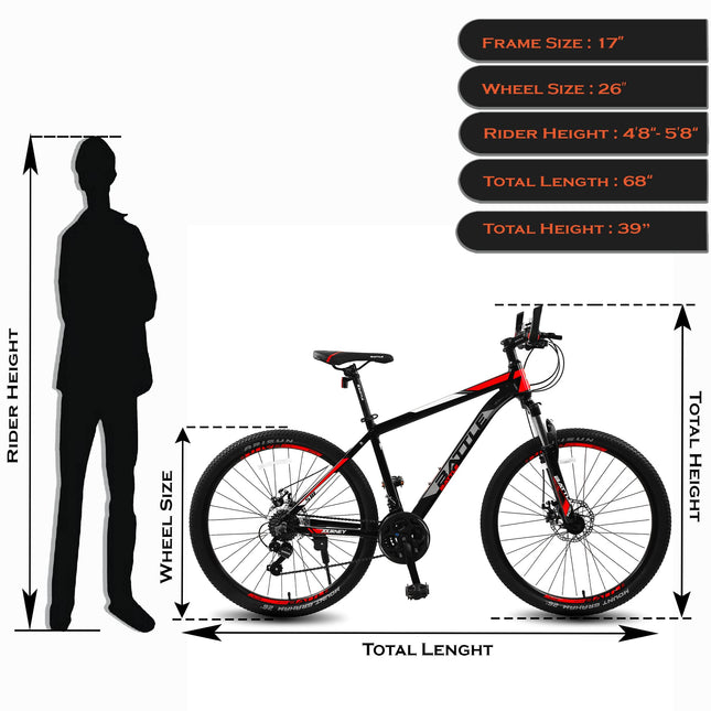 Vaux Battle 518 26T Gear Cycle for Men with 17" Alloy Frame & 21 Speed Shimano Gears, MTB Cycle with Gears with Double Disc Brakes & Front Lockout Suspension, Ideal Height 4ft 8inch+ (Red) 