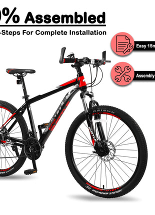 Vaux Battle 518 26T Gear Cycle for Men with 17" Alloy Frame & 21 Speed Shimano Gears, MTB Cycle with Gears with Double Disc Brakes & Front Lockout Suspension, Ideal Height 4ft 8inch+ (Red) 