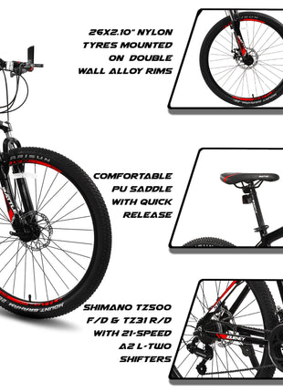 Vaux Battle 518 26T Gear Cycle for Men with 17" Alloy Frame & 21 Speed Shimano Gears, MTB Cycle with Gears with Double Disc Brakes & Front Lockout Suspension, Ideal Height 4ft 8inch+ (Red) 