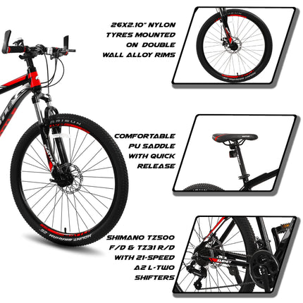 Vaux Battle 518 26T Gear Cycle for Men with 17" Alloy Frame & 21 Speed Shimano Gears, MTB Cycle with Gears with Double Disc Brakes & Front Lockout Suspension, Ideal Height 4ft 8inch+ (Red) 