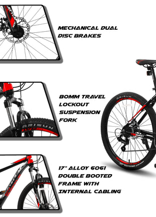 Vaux Battle 518 26T Gear Cycle for Men with 17" Alloy Frame & 21 Speed Shimano Gears, MTB Cycle with Gears with Double Disc Brakes & Front Lockout Suspension, Ideal Height 4ft 8inch+ (Red) 