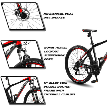 Vaux Battle 518 26T Gear Cycle for Men with 17" Alloy Frame & 21 Speed Shimano Gears, MTB Cycle with Gears with Double Disc Brakes & Front Lockout Suspension, Ideal Height 4ft 8inch+ (Red) 