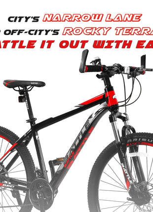 Vaux Battle 518 26T Gear Cycle for Men with 17" Alloy Frame & 21 Speed Shimano Gears, MTB Cycle with Gears with Double Disc Brakes & Front Lockout Suspension, Ideal Height 4ft 8inch+ (Red) 