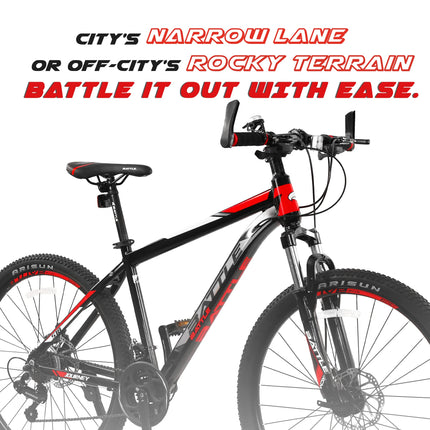 Vaux Battle 518 26T Gear Cycle for Men with 17" Alloy Frame & 21 Speed Shimano Gears, MTB Cycle with Gears with Double Disc Brakes & Front Lockout Suspension, Ideal Height 4ft 8inch+ (Red) 