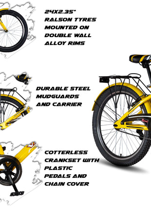 Vaux Excel 24t Cycle for Boys & Girls with V-Brakes, MTB Cycle with 13.5" Steel Frame, Alloy Rims,24x2.40inch Ralson Tyre, Bicycle for Boys 10 to 15 Years (Classic, Yellow) 