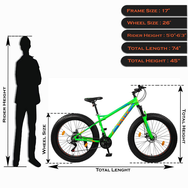 Vaux Joggers Fat Bike Cycle for Men with 21 Speed Gear & Aluminum Alloy Frame, Big Tyre Cycle for Boys 15 Years with 26x4.0inch Tyres, Lockout Front Suspension Fork & Double Disc Brakes(Green) 