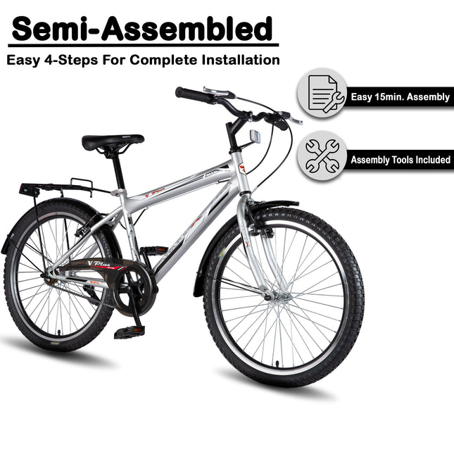 Vaux Plus Cycle for Boys 24T with Carrier, 24inch Cycle for Kids with Steel Frame, Rigid Fork, Alloy Rims,24x2.125inch Ralson Tyre, Bicycle for Kids 10 to 15 Years (Silver) 