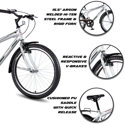 Vaux Plus Cycle for Boys 24T with Carrier, 24inch Cycle for Kids with Steel Frame, Rigid Fork, Alloy Rims,24x2.125inch Ralson Tyre, Bicycle for Kids 10 to 15 Years (Silver) 